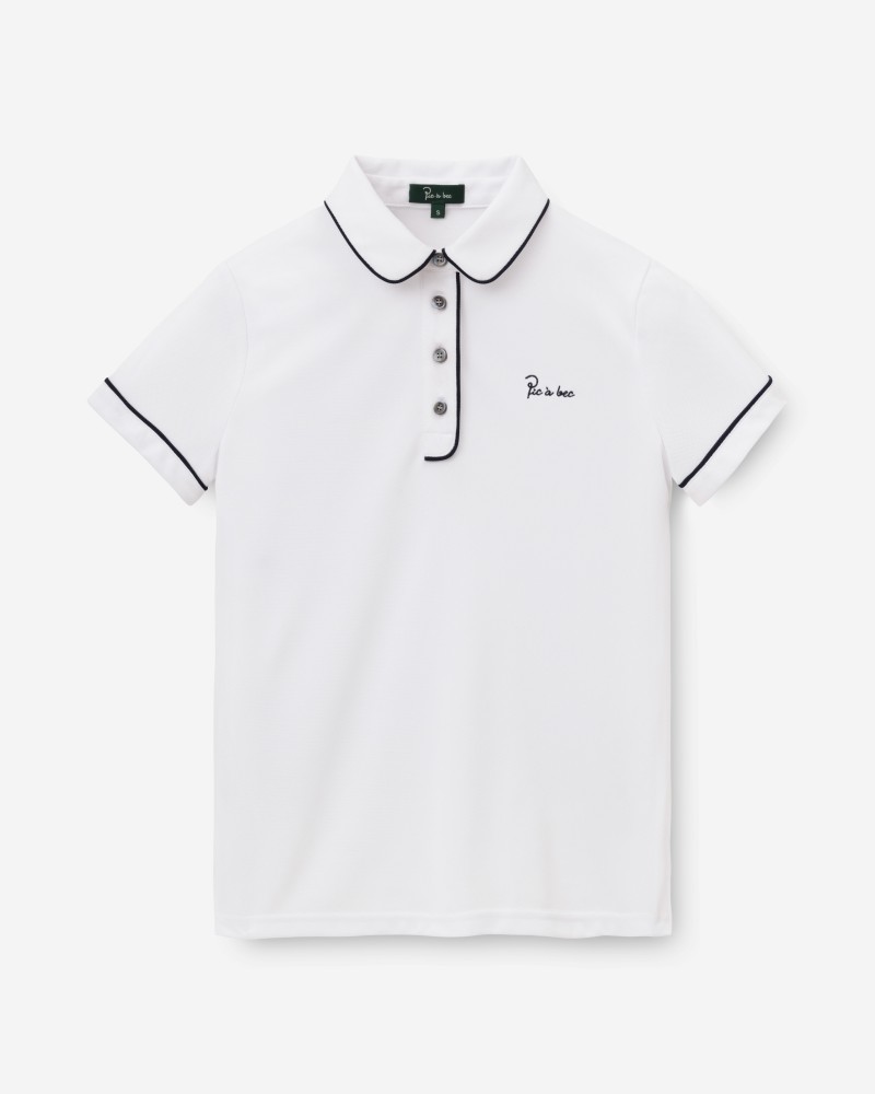 Białe damskie polo z granatową lamówką i haftowanym logo Pic à bec, widok z przodu